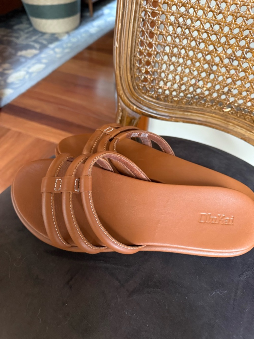 OluKai Women's Triple-Strap Cognac Slide Sandals - Picture 5 of 5